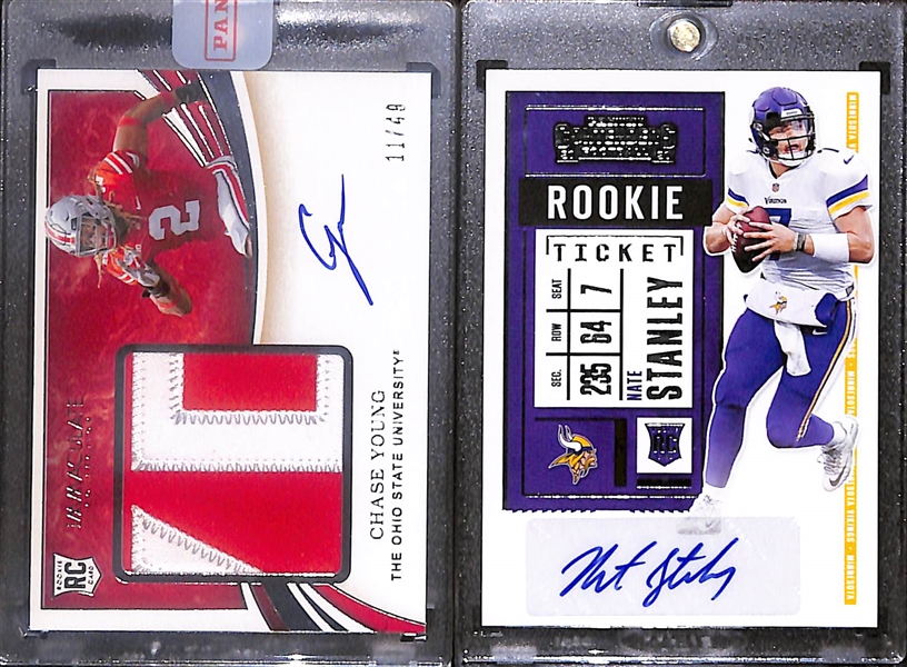 Lot of (4) Football Rookie Autographs- 2023 Immaculate Michael Mayer Eye Black Patch (#/25), 2022 Immaculate Bailey Zappe Patch (#/18), 2020 Immaculate Collegiate Chase Young Patch (#/49), 2020...