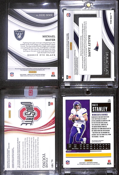 Lot of (4) Football Rookie Autographs- 2023 Immaculate Michael Mayer Eye Black Patch (#/25), 2022 Immaculate Bailey Zappe Patch (#/18), 2020 Immaculate Collegiate Chase Young Patch (#/49), 2020...