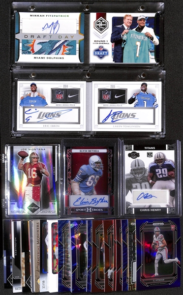 Lot of (32) Football Cards including 2018 Limited Minkah Fitzpatrick Draft Day Booklet Dolphins Logo Patch Autograph Rookie (#/55), 2015 National Treasures Eric Ebron/Laken Tomlinson Dual Tag Patch...