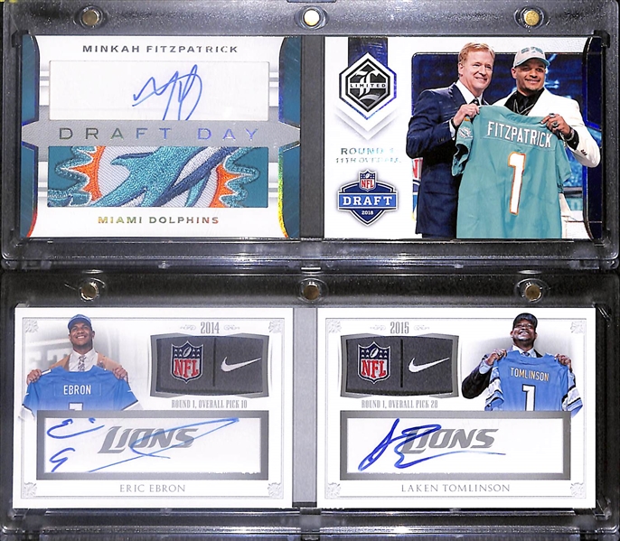 Lot of (32) Football Cards including 2018 Limited Minkah Fitzpatrick Draft Day Booklet Dolphins Logo Patch Autograph Rookie (#/55), 2015 National Treasures Eric Ebron/Laken Tomlinson Dual Tag Patch...