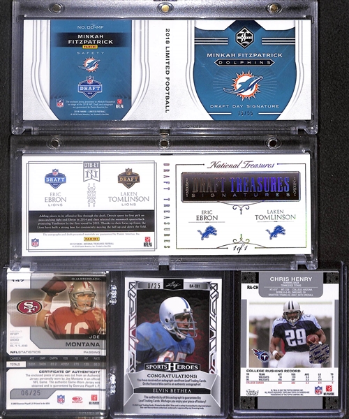 Lot of (32) Football Cards including 2018 Limited Minkah Fitzpatrick Draft Day Booklet Dolphins Logo Patch Autograph Rookie (#/55), 2015 National Treasures Eric Ebron/Laken Tomlinson Dual Tag Patch...