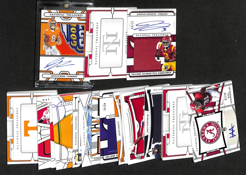 Lot of (17) National Treasures Collegiate Football Cards including Justyn Ross Rookie Bowl Logo Patch Autograph (#/10), Jordan Addison Rookie Patch Autograph (#/99), Jalen Carter Booklet Rookie...