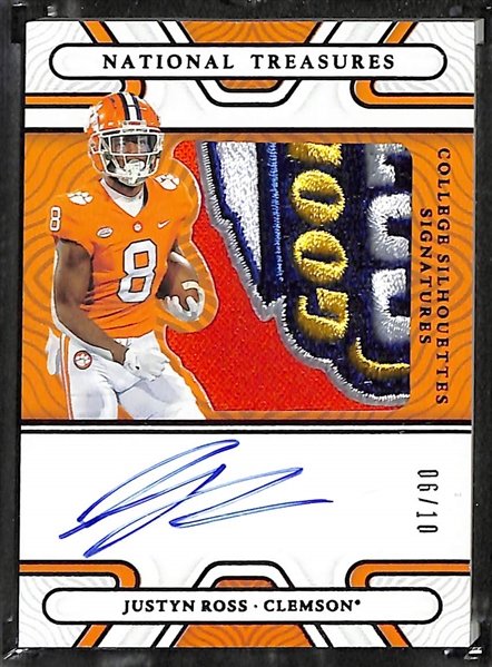 Lot of (17) National Treasures Collegiate Football Cards including Justyn Ross Rookie Bowl Logo Patch Autograph (#/10), Jordan Addison Rookie Patch Autograph (#/99), Jalen Carter Booklet Rookie...