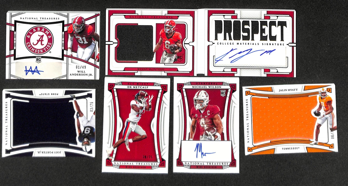 Lot of (17) National Treasures Collegiate Football Cards including Justyn Ross Rookie Bowl Logo Patch Autograph (#/10), Jordan Addison Rookie Patch Autograph (#/99), Jalen Carter Booklet Rookie...