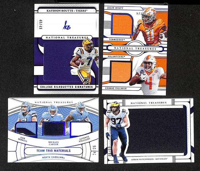 Lot of (17) National Treasures Collegiate Football Cards including Justyn Ross Rookie Bowl Logo Patch Autograph (#/10), Jordan Addison Rookie Patch Autograph (#/99), Jalen Carter Booklet Rookie...