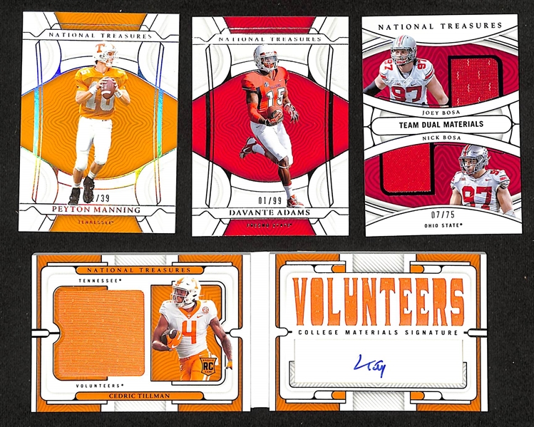 Lot of (17) National Treasures Collegiate Football Cards including Justyn Ross Rookie Bowl Logo Patch Autograph (#/10), Jordan Addison Rookie Patch Autograph (#/99), Jalen Carter Booklet Rookie...