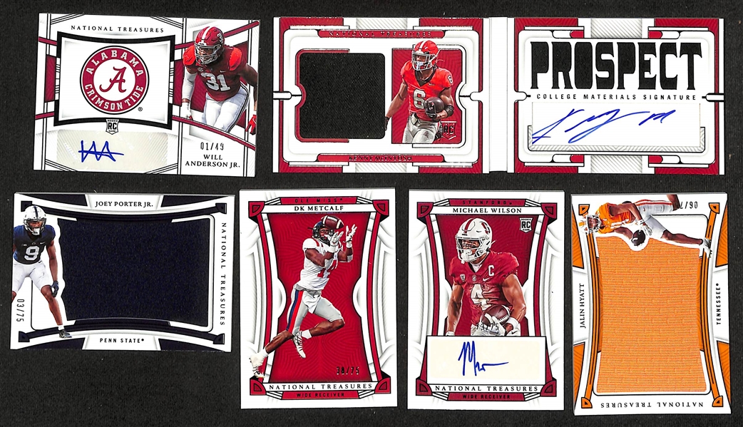 Lot of (17) National Treasures Collegiate Football Cards including Justyn Ross Rookie Bowl Logo Patch Autograph (#/10), Jordan Addison Rookie Patch Autograph (#/99), Jalen Carter Booklet Rookie...