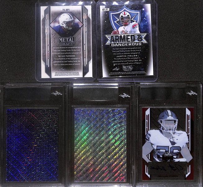 Lot of (5) 2021 Leaf Metal Football Rookie Autographs- Micah Parsons (#/60), Justin Fields (#/40), Chuba Hubbard (#/1), Javonte Williams (#/1), Brevin Jordan (#/1)