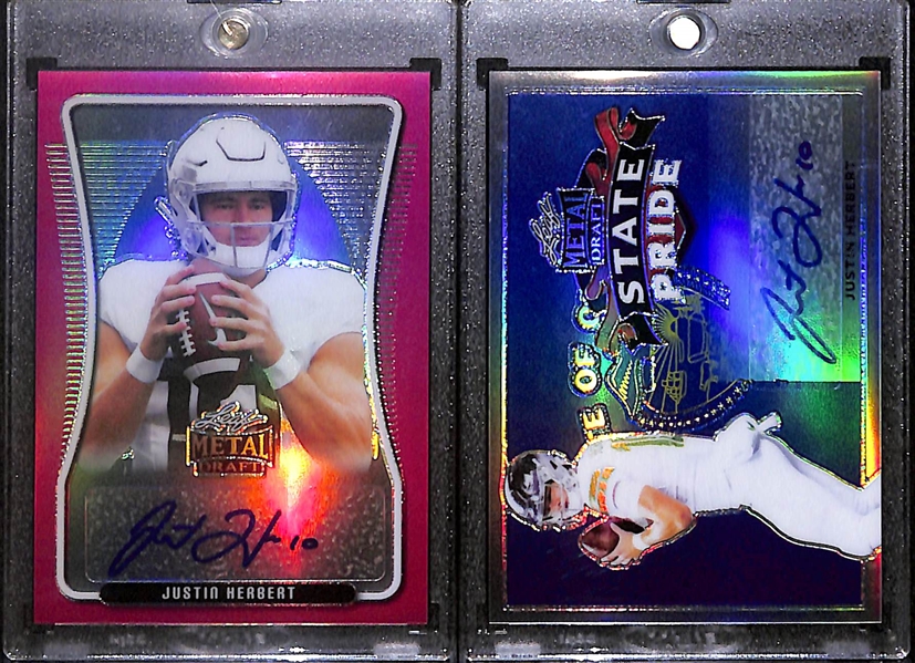 Lot of (2) 2020 Leaf Metal Draft Justin Herbert Rookie Autographs- Pink (#/20), State Pride (#/60)