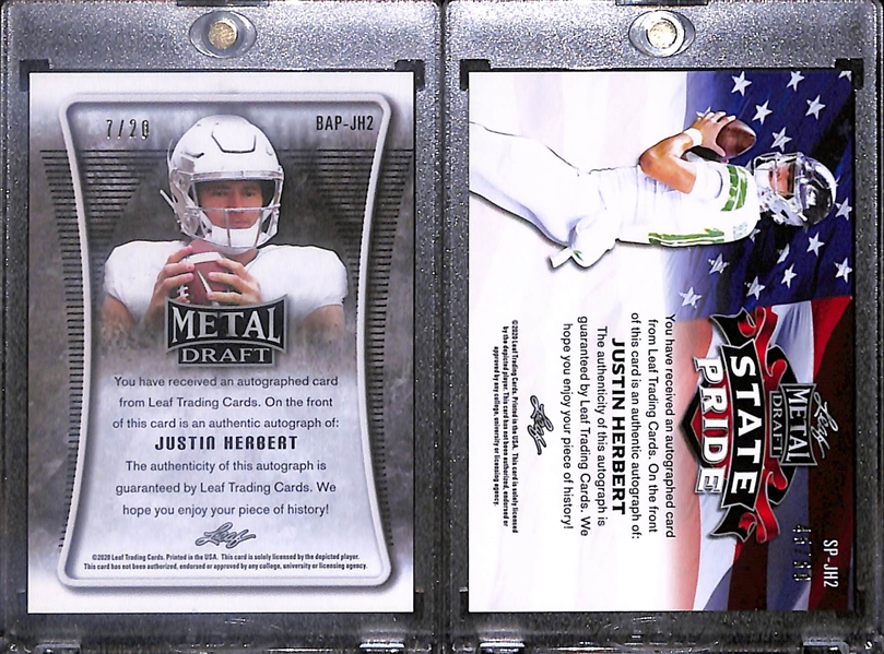 Lot of (2) 2020 Leaf Metal Draft Justin Herbert Rookie Autographs- Pink (#/20), State Pride (#/60)