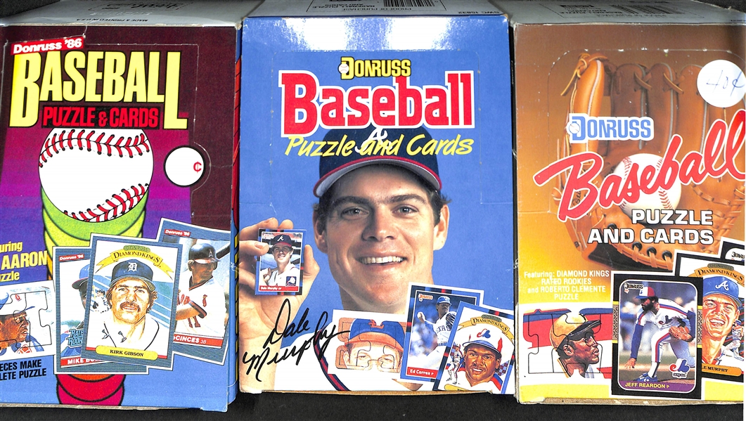 Lot of (3) Leaf Donruss Baseball Puzzle and Cards 36 Unopened Wax Packs in Box from 1986-'88