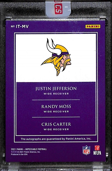 2021 Impeccable Justin Jefferson/Randy Moss/Cris Carter Triple Autograph (#/15)