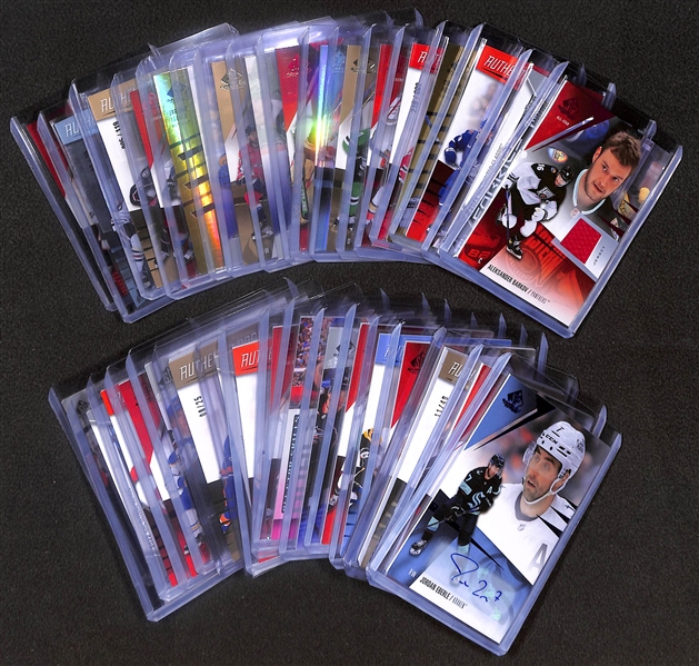 Lot of (34) 2023-24 SP Game Used Hockey Cards including (5) Autographs- Jordan Eberle, Jake Sanderson Patch, Billy Sweezey Patch Rookie (#/25), and more