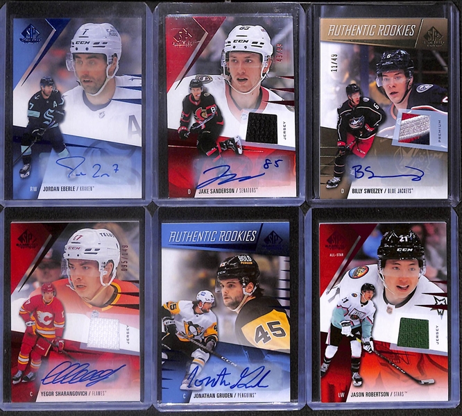 Lot of (34) 2023-24 SP Game Used Hockey Cards including (5) Autographs- Jordan Eberle, Jake Sanderson Patch, Billy Sweezey Patch Rookie (#/25), and more