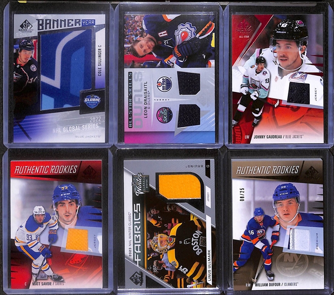 Lot of (34) 2023-24 SP Game Used Hockey Cards including (5) Autographs- Jordan Eberle, Jake Sanderson Patch, Billy Sweezey Patch Rookie (#/25), and more