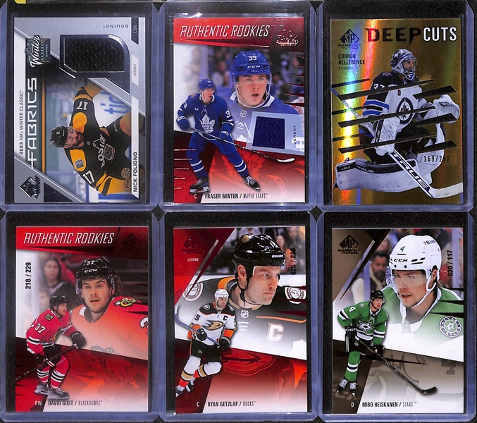 Lot of (34) 2023-24 SP Game Used Hockey Cards including (5) Autographs- Jordan Eberle, Jake Sanderson Patch, Billy Sweezey Patch Rookie (#/25), and more