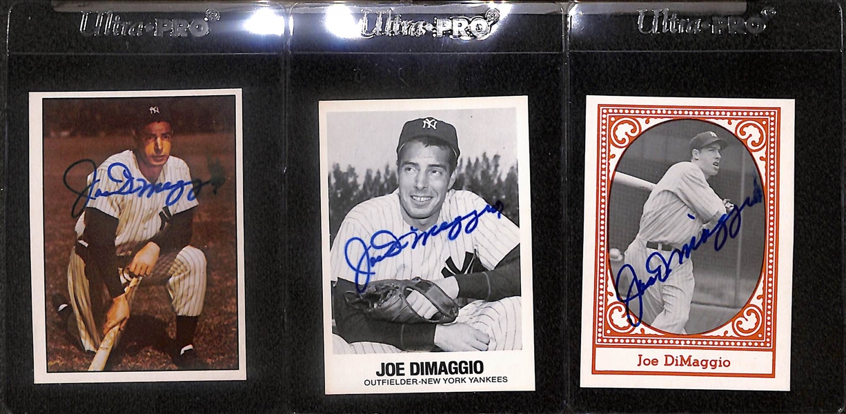 Lot of (3) Joe DiMaggio Signed Cards - 1979 TCMA, 1977 TCMA, and 1980 TCMA (Beckett BAS Reviewed)