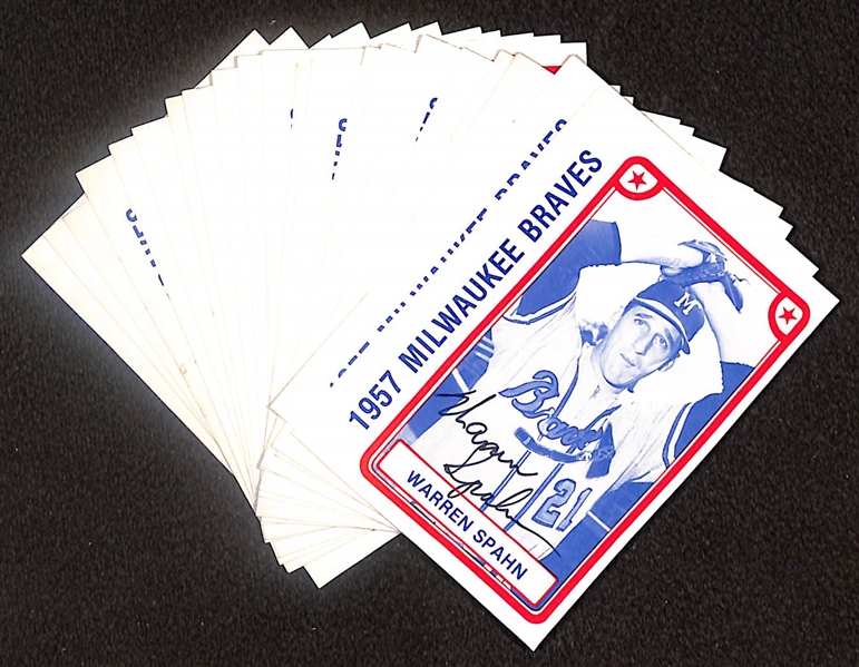 Lot of (21) Signed 1980 TCMA 1957 Braves Cards includes Warren Spahn, Bobby Thomson, Lew Burdette, Joe Adcock, Chuck Tanner, and more (Beckett BAS Reviewed)