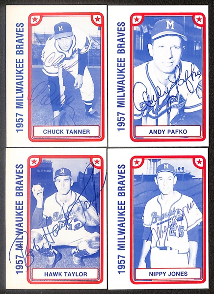 Lot of (21) Signed 1980 TCMA 1957 Braves Cards includes Warren Spahn, Bobby Thomson, Lew Burdette, Joe Adcock, Chuck Tanner, and more (Beckett BAS Reviewed)