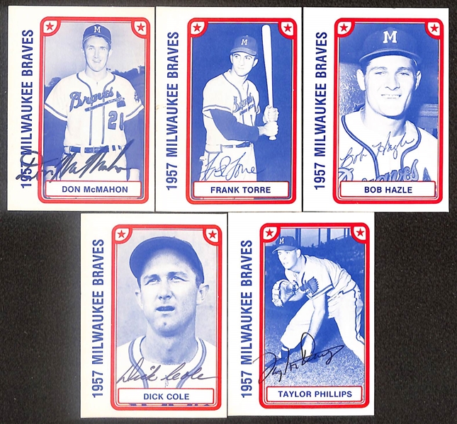 Lot of (21) Signed 1980 TCMA 1957 Braves Cards includes Warren Spahn, Bobby Thomson, Lew Burdette, Joe Adcock, Chuck Tanner, and more (Beckett BAS Reviewed)