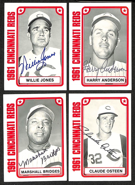 Lot of (13) Signed 1980 TCMA 1961 Reds Cards including Willie Jones, Harry Anderson, Marshall Bridges, Claude Osteen, Don Blasingame, Eddie Kasko, and more (Beckett BAS Reviewed)