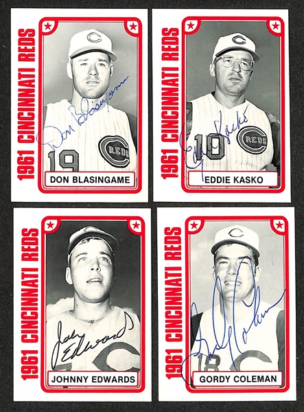 Lot of (13) Signed 1980 TCMA 1961 Reds Cards including Willie Jones, Harry Anderson, Marshall Bridges, Claude Osteen, Don Blasingame, Eddie Kasko, and more (Beckett BAS Reviewed)