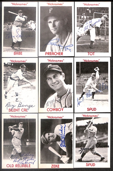 Lot of (9) Signed 1974 TCMA Nicknames Cards including Babe Dahlgren, Preacher Roe, Tot Pressnell, Ray Benge, and more (Beckett BAS Reviewed)