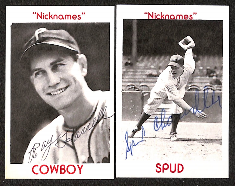 Lot of (9) Signed 1974 TCMA Nicknames Cards including Babe Dahlgren, Preacher Roe, Tot Pressnell, Ray Benge, and more (Beckett BAS Reviewed)