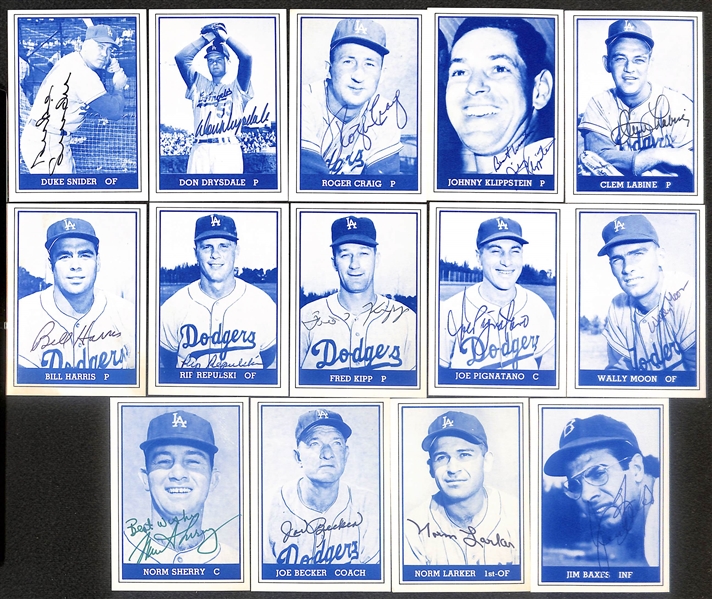 Lot of (14) Signed 1980 TCMA 1959 Dodgers Cards including Duke Snider, Don Drysdale, Roger Craig, Johnny Klippstein, and more (Beckett BAS Reviewed)