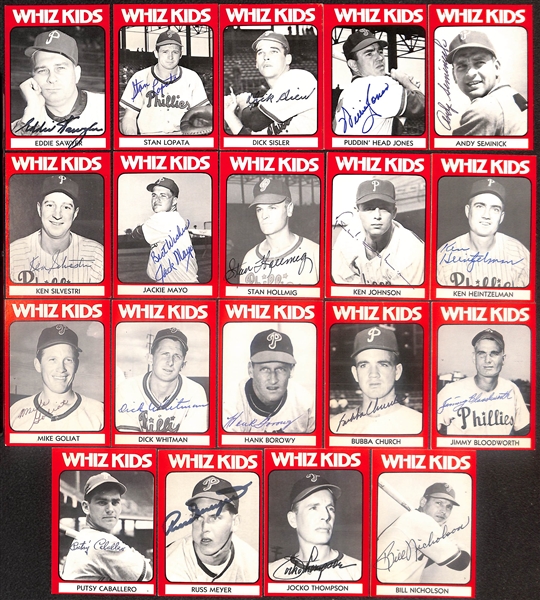 Lot of (19) Signed 1980 TCMA Whiz Kids Cards including Eddie Sawyer, Stan Lopata, Dick Sisler, Puddin Head Jones, Andy Seminick, and more (Beckett BAS Reviewed)