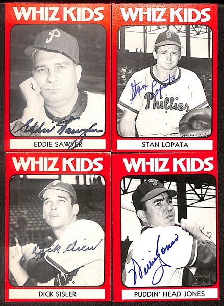 Lot of (19) Signed 1980 TCMA Whiz Kids Cards including Eddie Sawyer, Stan Lopata, Dick Sisler, Puddin Head Jones, Andy Seminick, and more (Beckett BAS Reviewed)