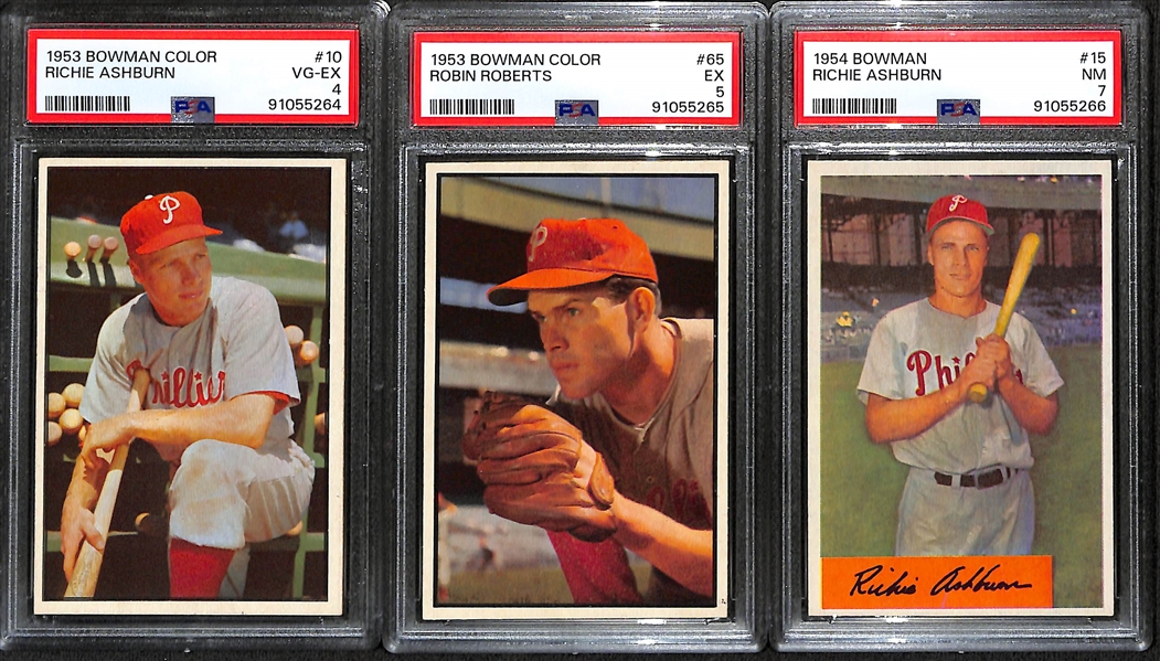 Lot of (2) 1953 Bowman Color Richie Ashburn/Robin Roberts & 1954 Bowman Robin Roberts - All PSA Graded