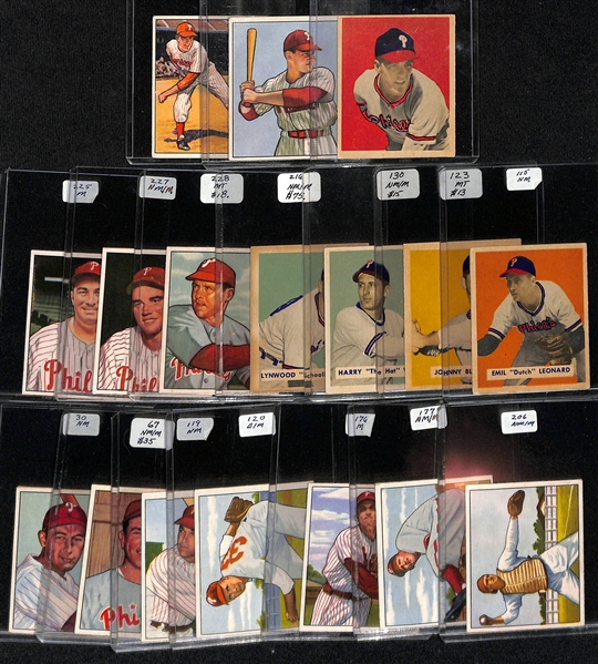 Lot of (17) 1949 and 1950 Phillies Bowman Cards including 1949 Curt Simmons, 1950 Curt Simmons, 1950 Del Ennis, and more