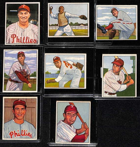 Lot of (17) 1949 and 1950 Phillies Bowman Cards including 1949 Curt Simmons, 1950 Curt Simmons, 1950 Del Ennis, and more