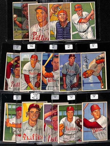 Lot of (14) 1952 Bowman Phillies Cards including Del Ennis, Forrest Burgess, Curt Simmons, Gran Hamner, and more