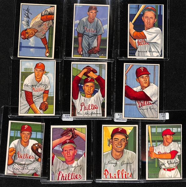 Lot of (14) 1952 Bowman Phillies Cards including Del Ennis, Forrest Burgess, Curt Simmons, Gran Hamner, and more