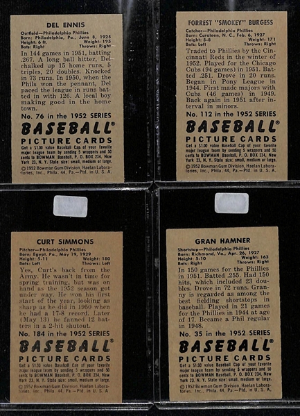 Lot of (14) 1952 Bowman Phillies Cards including Del Ennis, Forrest Burgess, Curt Simmons, Gran Hamner, and more