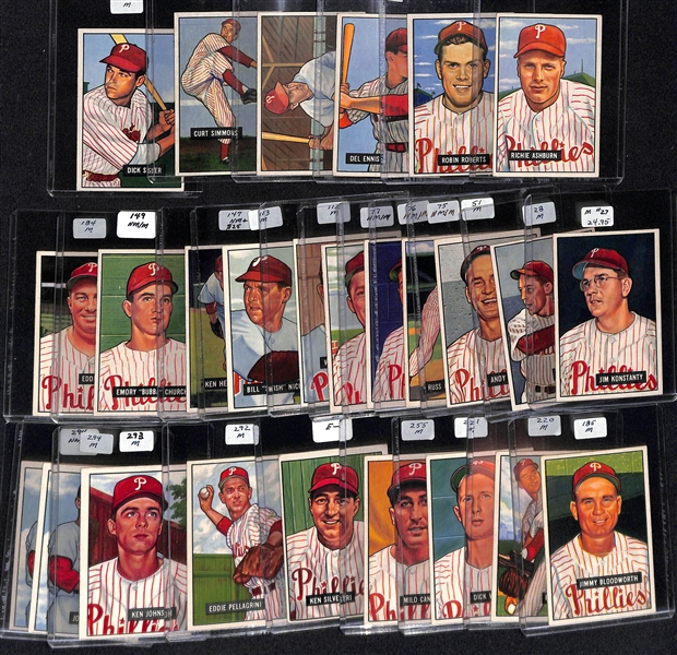 Lot of (26) 1951 Bowman Phillies Cards including Richie Ashburn, Robin Roberts, Del Ennis, Granny Hamner, Curt Simmons, Dick Sisler, and more