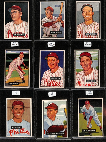 Lot of (26) 1951 Bowman Phillies Cards including Richie Ashburn, Robin Roberts, Del Ennis, Granny Hamner, Curt Simmons, Dick Sisler, and more