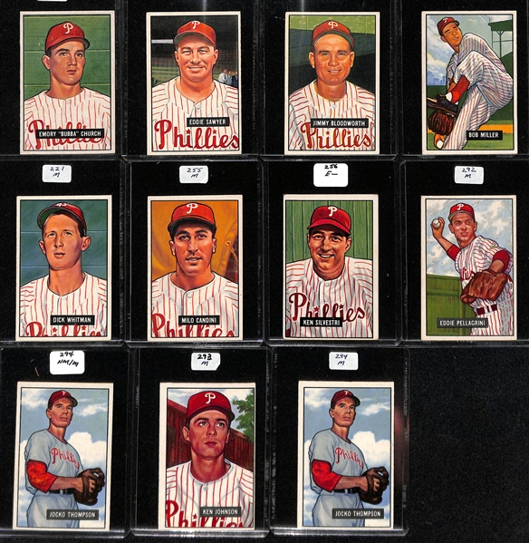 Lot of (26) 1951 Bowman Phillies Cards including Richie Ashburn, Robin Roberts, Del Ennis, Granny Hamner, Curt Simmons, Dick Sisler, and more