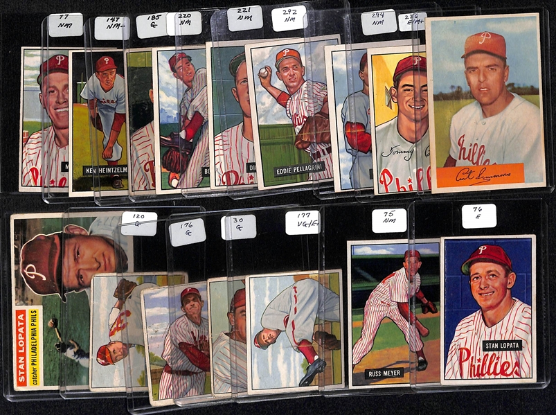 Lot of (16) 1950s Bowman and Topps Phillies Cards including 1954 Bowman Curt Simmons, 1952 Bowman Tommy Brown, 1952 Bowman Jocko Thompson, and more