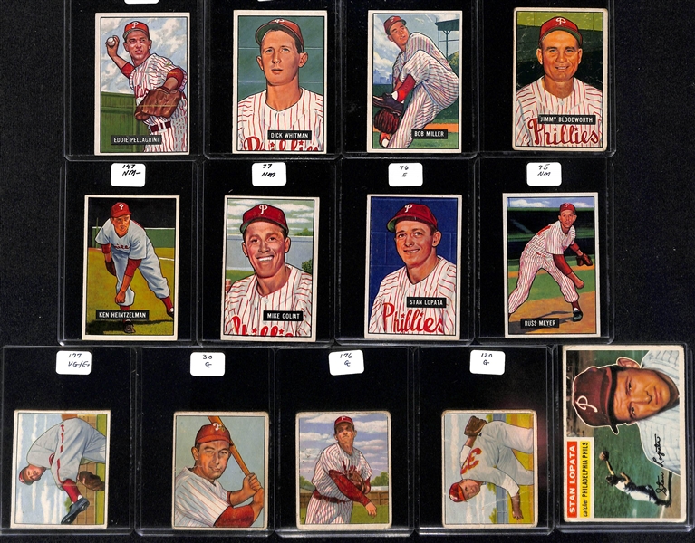 Lot of (16) 1950s Bowman and Topps Phillies Cards including 1954 Bowman Curt Simmons, 1952 Bowman Tommy Brown, 1952 Bowman Jocko Thompson, and more