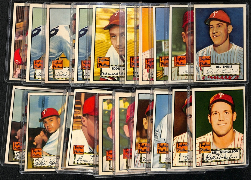 Lot of (20) 1952 Topps Phillies Cards including Del Ennis, Granny Hamner, Curt Simmons, and more