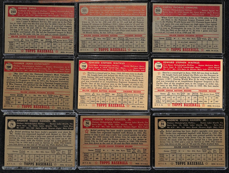 Lot of (20) 1952 Topps Phillies Cards including Del Ennis, Granny Hamner, Curt Simmons, and more