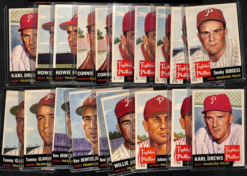 Lot of (19) 1953 Topps Phillies Cards including (2) Smoky Burgess, (3) Granville Hamner, (2) Connie Ryan, (2) Howie Fox, and more