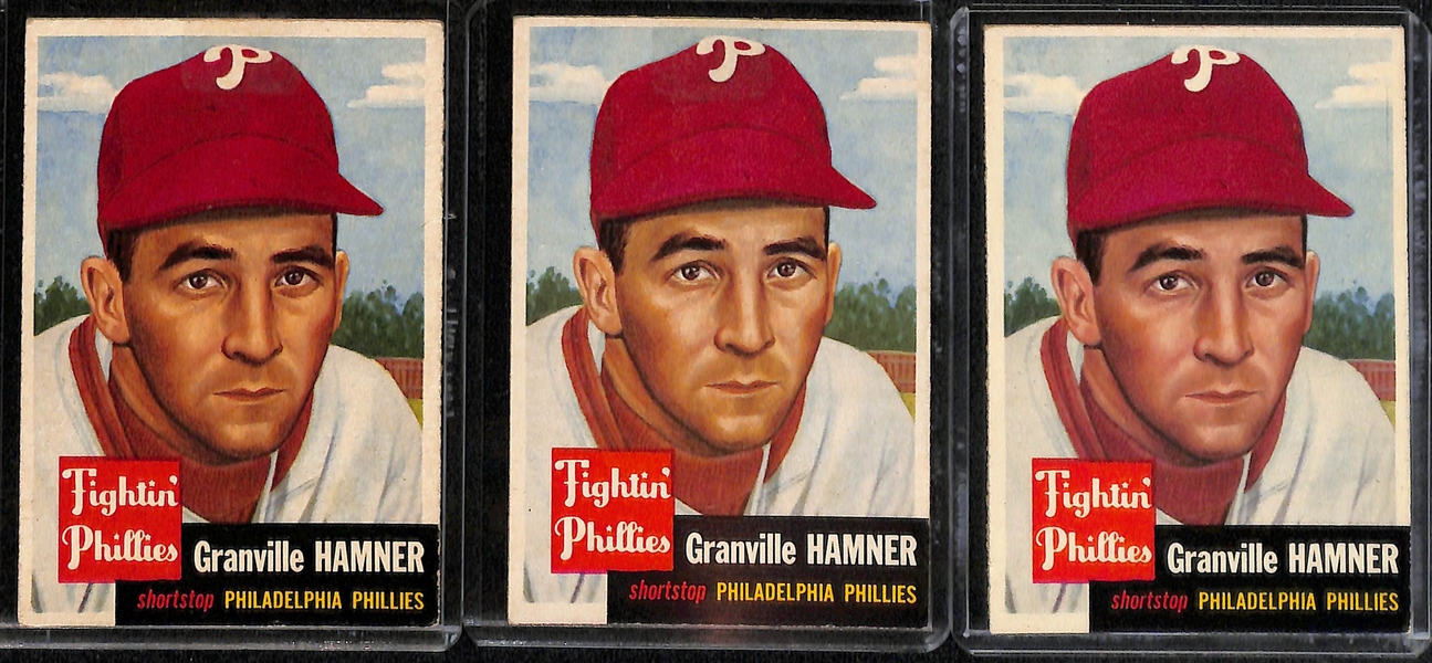 Lot of (19) 1953 Topps Phillies Cards including (2) Smoky Burgess, (3) Granville Hamner, (2) Connie Ryan, (2) Howie Fox, and more