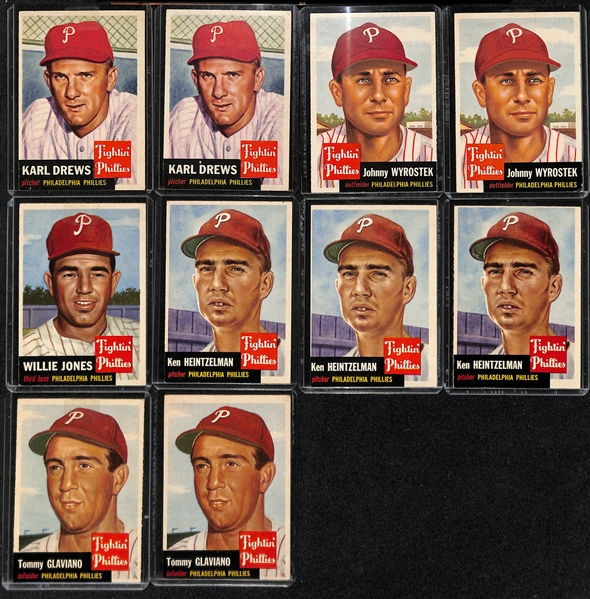 Lot of (19) 1953 Topps Phillies Cards including (2) Smoky Burgess, (3) Granville Hamner, (2) Connie Ryan, (2) Howie Fox, and more