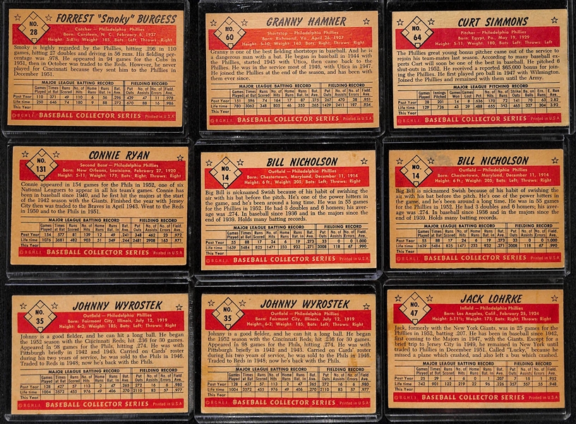 Lot of (19) 1953 Bowman Phillies Cards including Forrest Burgess, Granny Hamner, Curt Simmons, Connie Ryan, and more