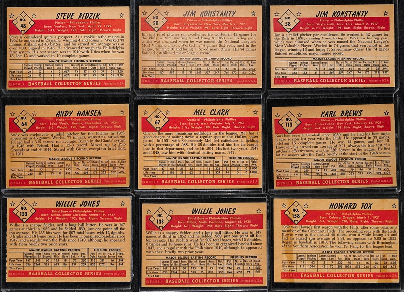 Lot of (19) 1953 Bowman Phillies Cards including Forrest Burgess, Granny Hamner, Curt Simmons, Connie Ryan, and more