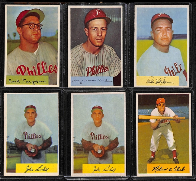 Lot of (16) 1954 Bowman Phillies Cards including Curt Simmons, Del Ennis, Forest Burgess, Granny Hamner, and more